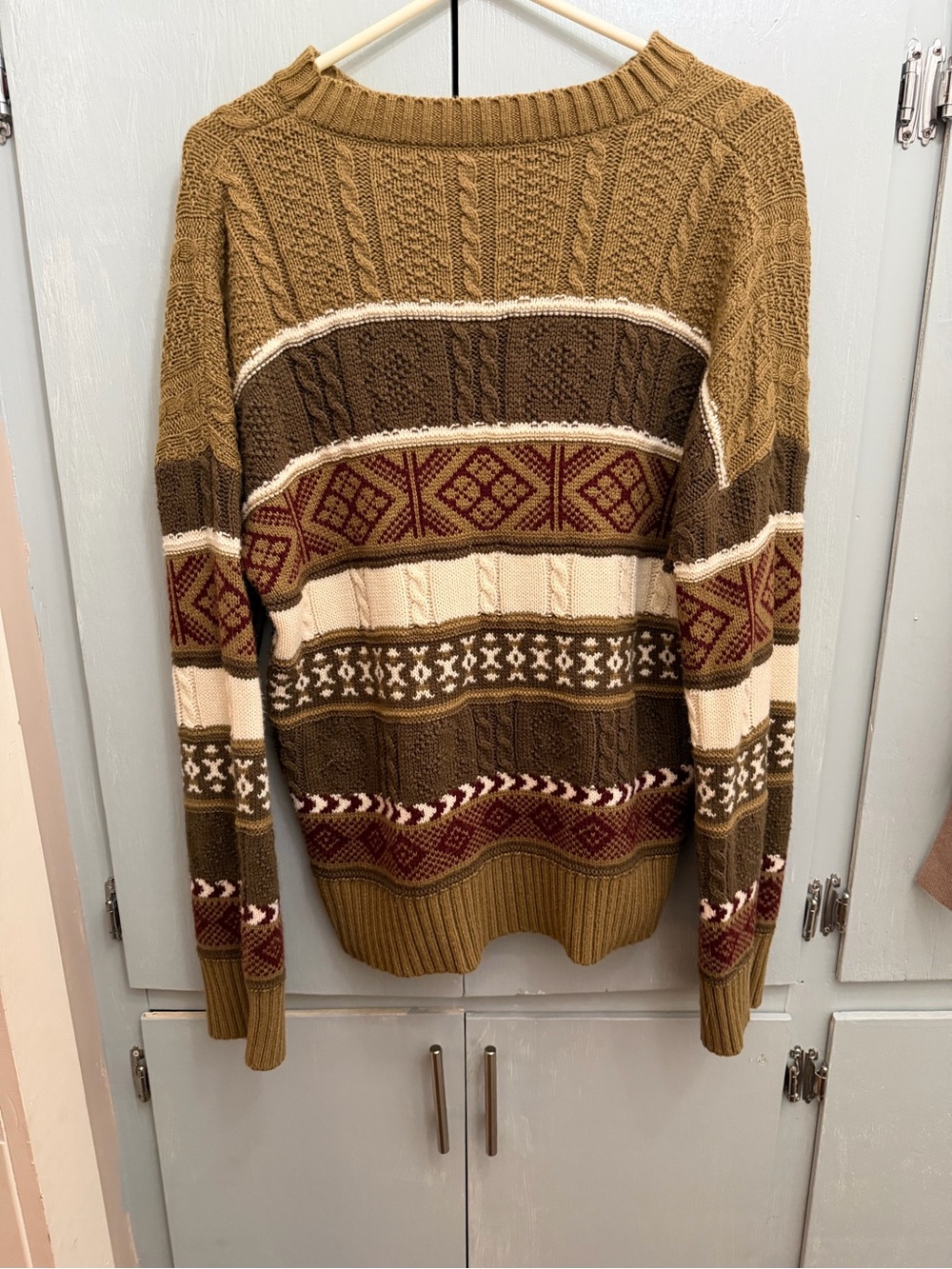 ROMWE Multicolor Fair Isle Cable Knit Crewneck Sweater - Olive, Brown & Cream